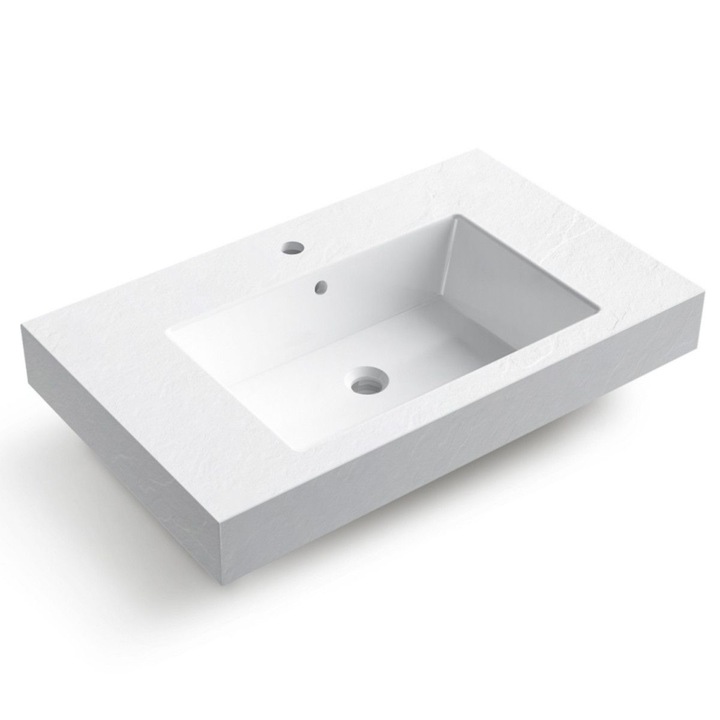 Lavoar Elsa, compozit mineral, montaj pe blat sau suspendat, Alb Mat, finisaj Ardezie, cu gaura de baterie, 80x49.2 cm