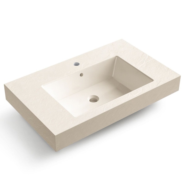 Lavoar Elsa, compozit mineral, montaj pe blat sau suspendat, Crem Mat, finisaj Ardezie, cu gaura de baterie, 80x49.2 cm