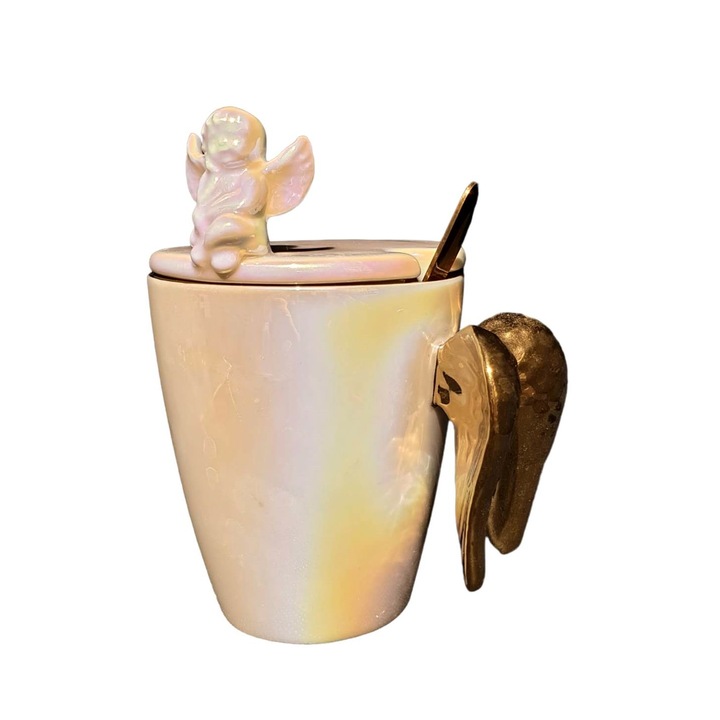 Cana ceramica Angel cu capac figurina ingeras, manar aripa, Alba lucioasa, 200 ml