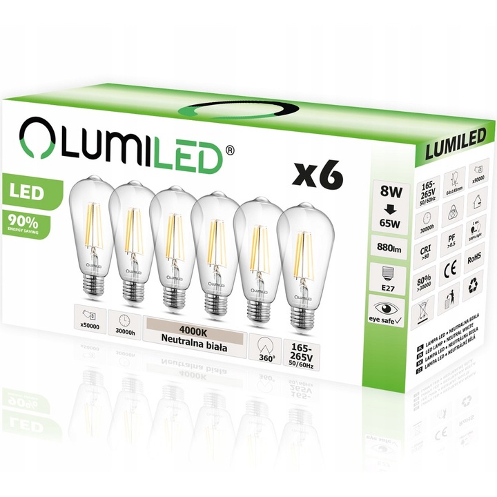 6 db LED-es izzókészlet, Lumiled, E27, ST64, 8W = 65W, 880lm, 4000K, Semleges fehér
