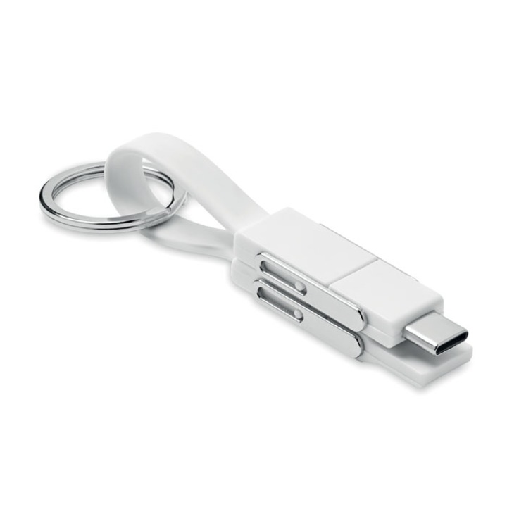 Ключодържател с кабел за зареждане Blent, 4 В 1, Type-C x2, Type-A, Micro USB, Бял