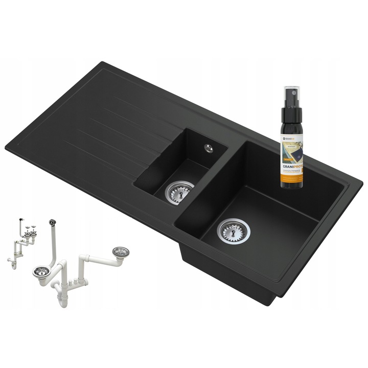 Set chiuveta bucatarie + sifon, Granitan, Granit, 995 x 498 mm, Negru