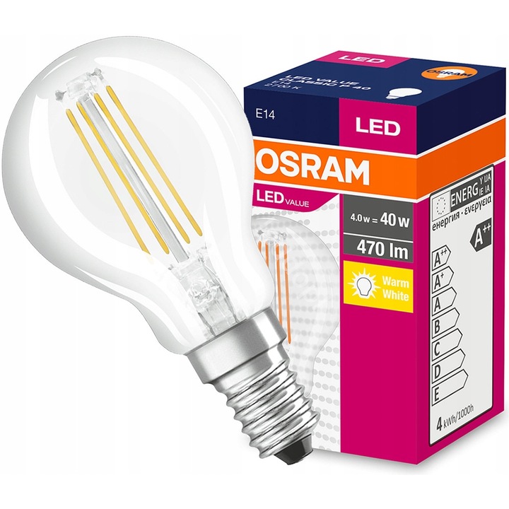 Osram LED izzó, Izzószál, E14, P45, 4W = 40W, 470 lm, 2700 K, Meleg fehér