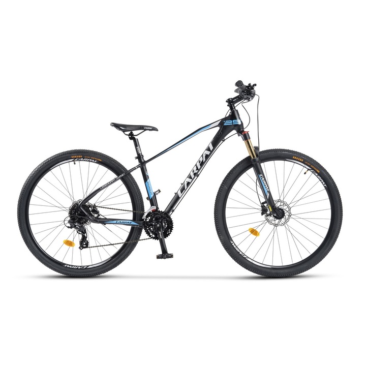 Bicicleta MTB cu Roti de 29", echipare Shimano/Microshift, frane Hidraulice Shimano Disc fata/spate, furca reglabila/blocabila, 24 Viteze, negru/albastru, Mountain Bike Carpat Wrangler cu cadru din Aluminiu