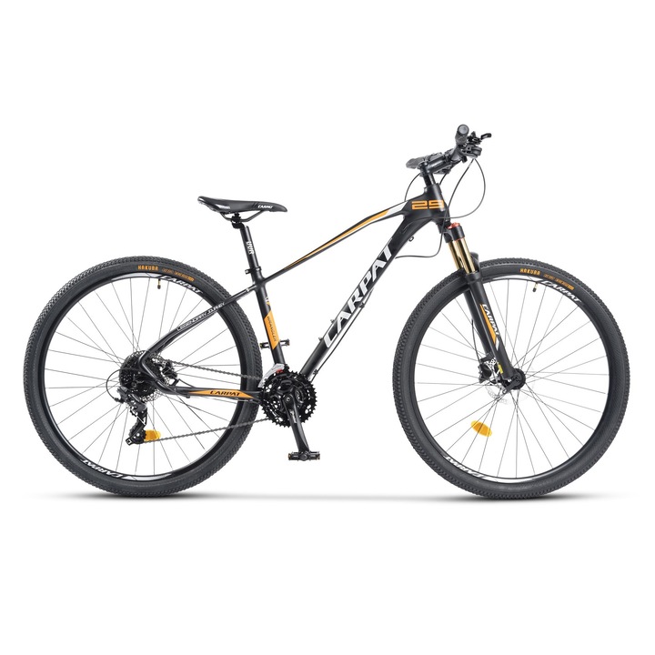 Bicicleta MTB cu Roti de 29", echipare Shimano/Microshift, frane Hidraulice Shimano Disc fata/spate, furca reglabila/blocabila, 24 Viteze, negru/portocaliu, Mountain Bike Carpat Wrangler cu cadru din Aluminiu