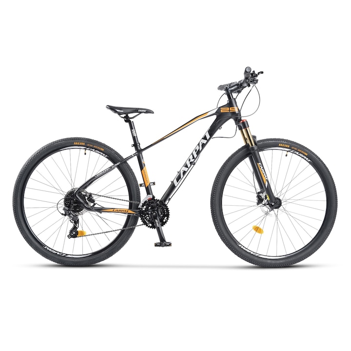 MTB велосипед с 29" колела, оборудване Shimano/Microshift, хидравлични дискови спирачки Shimano отпред/зад, регулируема/заключваща се вилка, 24 скорости, черно/оранжево, планински велосипед Carpath Wrangler с алуминиева рамка