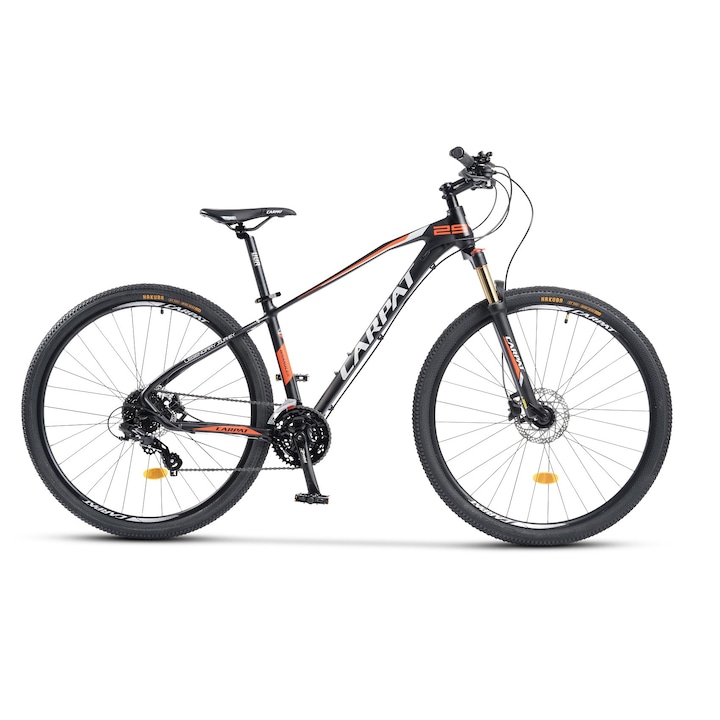 MTB велосипед с 29" колела, оборудване Shimano/Microshift, хидравлични дискови спирачки Shimano предни/задни, регулируема/заключваща се вилка, 24 скорости, черно/червено, планински велосипед Carpath Wrangler с алуминиева рамка
