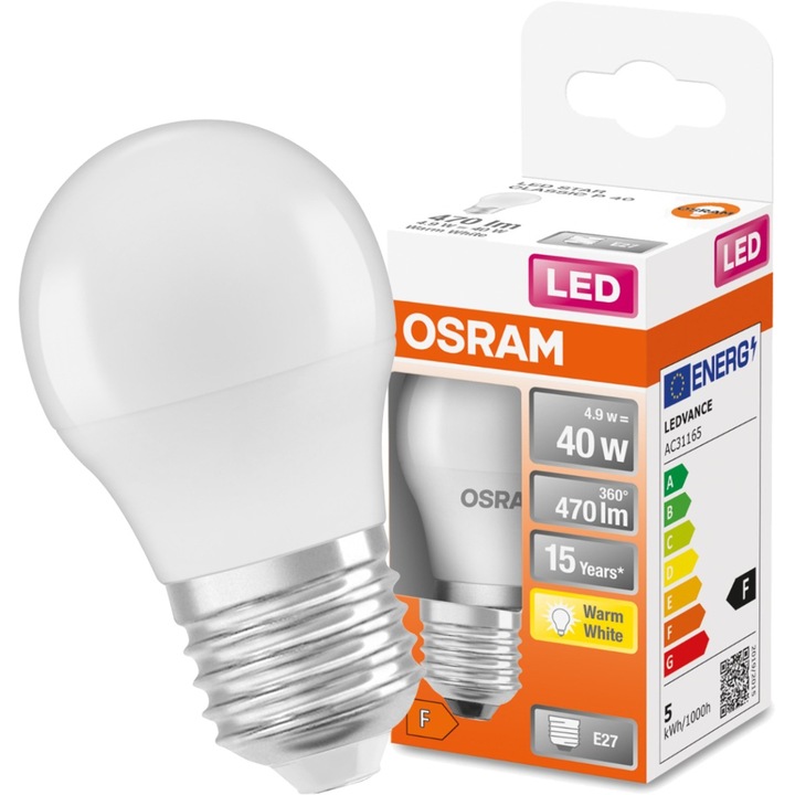 LED izzó, Osram, E27, P45, 5W = 40W, 470lm, 2700K, meleg fehér