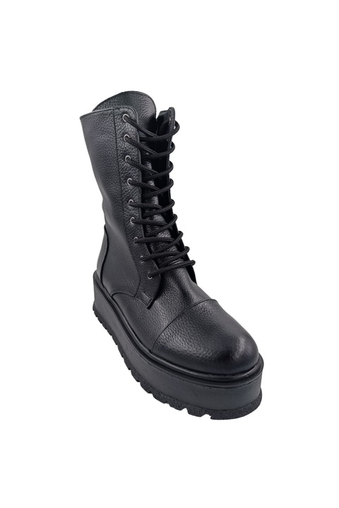 Bocanci dama piele naturala bizon cu siret si fermoar pe lateral talpa masiva wedge negru
