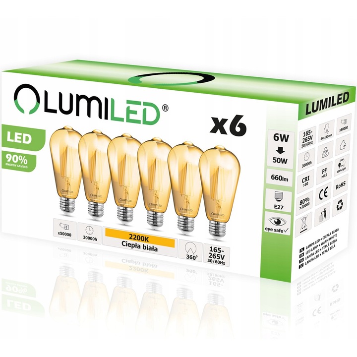 Lumiled, 6 db LED-es izzókészlet, E27, ST64, 6W = 50W, 660lm, 2200K, Meleg fehér