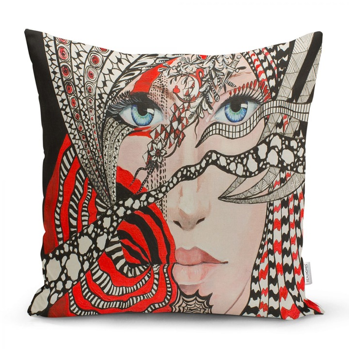 Husa perna decorativa 13, 43x43cm, fermoar, poliester, gramaj 100g, culoare rosu model chip de femeie