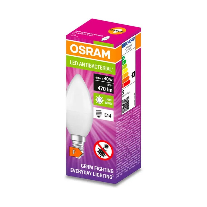 Osram LED izzó, antibakteriális, E14, B35, 4,9 W = 40 W, 470 lm, 4000 K, semleges fehér