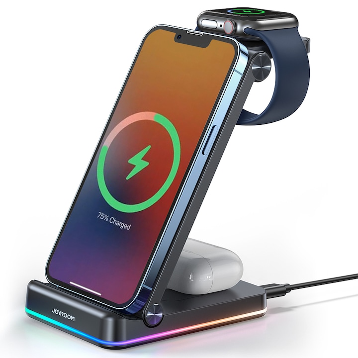 Incarcator Wireless, 3 In 1, Fast Charge 18W, Pliabil, Compatibil cu Iphone, Android, Samsung, Airpods, Apple Watch, Huawei, Xiaomi, Lumini RGB