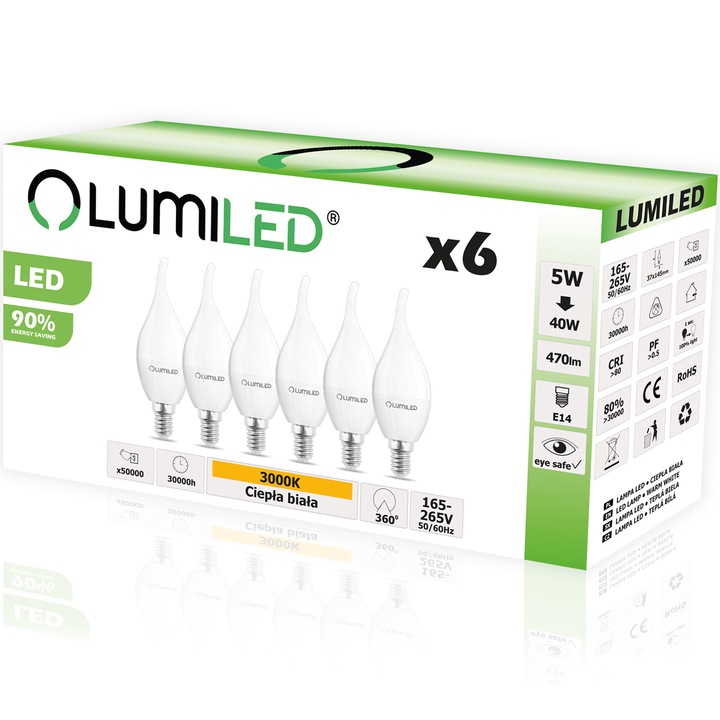 6 db LED izzó készlet, Lumiled, E14, 5W = 40W, 470lm, 3000K, meleg fehér