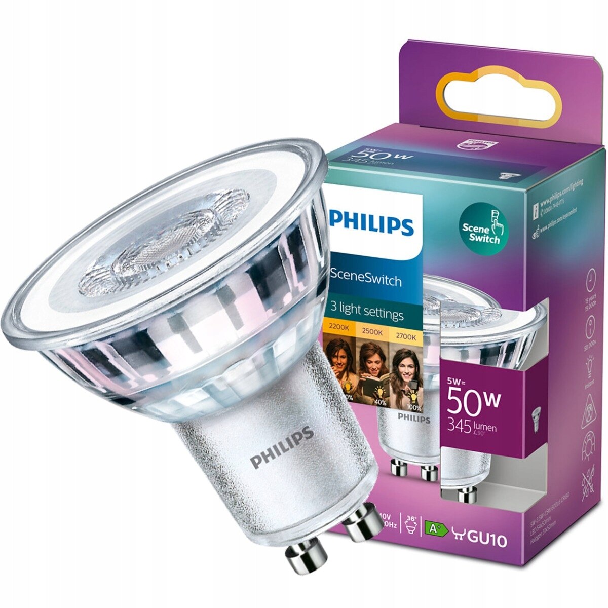 Philips LED SceneSwitch spot dimmable - GU10 50W 355lm 2200K+2500K+2700K  230V