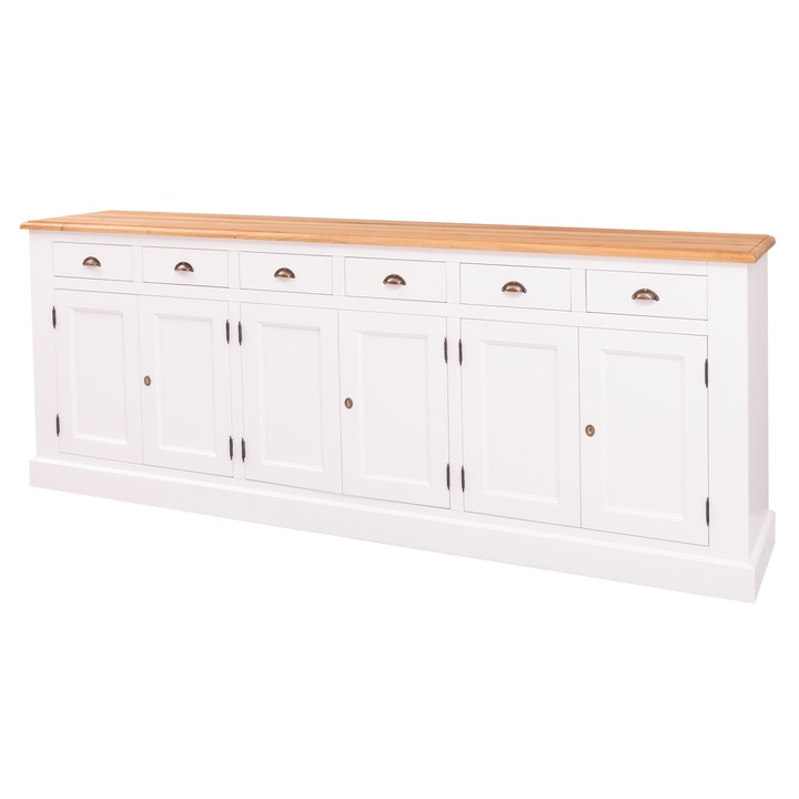 Bufet cu 6 usi si 6 sertare cu sine, blat stejar, culoare top natural lacuit, culoare corp alb vopsit, dublu color, 100% lemn masiv