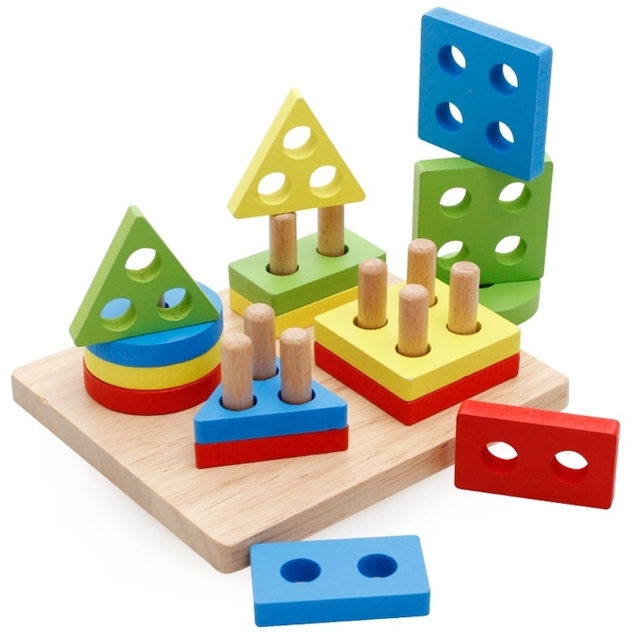 Jucarii Montessori sortator pentru copii, 16 piese din lemn natural eco, puzzle, forme geometrice, 4 coloane de sortare a culorii A145