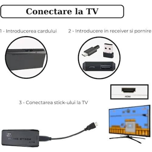 Consola jocuri tip stick, cu 10000 de jocuri incorporate, cu 2 controler wireless, iesire HDMI, se poate conecta la TV/TV, Box/PC/Laptop/Proiector, negru