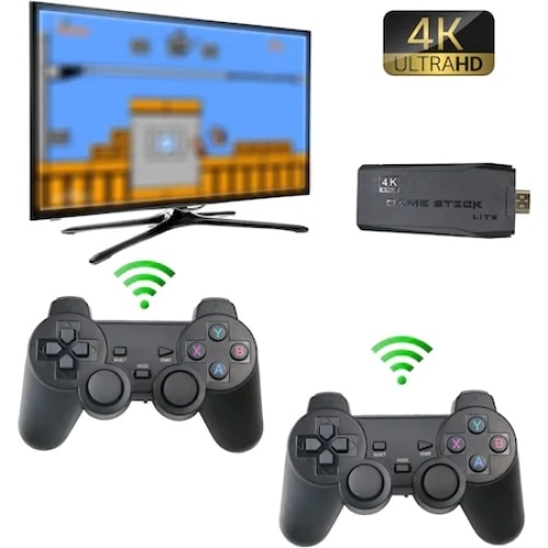Consola jocuri tip stick, cu 10000 de jocuri incorporate, cu 2 controler wireless, iesire HDMI, se poate conecta la TV/TV, Box/PC/Laptop/Proiector, negru