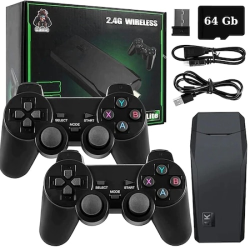 Consola jocuri tip stick, cu 10000 de jocuri incorporate, cu 2 controler wireless, iesire HDMI, se poate conecta la TV/TV, Box/PC/Laptop/Proiector, negru