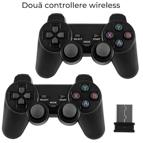 Consola jocuri tip stick, cu 10000 de jocuri incorporate, cu 2 controler wireless, iesire HDMI, se poate conecta la TV/TV, Box/PC/Laptop/Proiector, negru