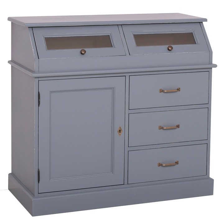 Bufet cu 1 usa, 3 sertare, 2 compartiemente cu usa sticla, culoare exterio albastru inchis culoare interior crem, dublu color, 100% lemn masiv