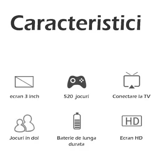 Consola de jocuri, FOXMAG24, ecarn HD, conectare la TV, 3 inch, 520 de jocuri incorporate, baterie de lunga durata, negru