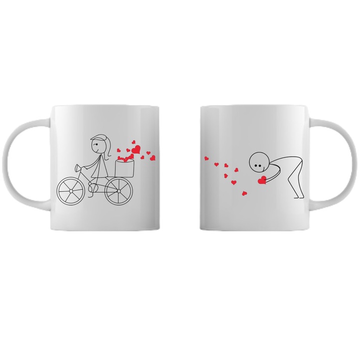 Set 2 cani personalizate pentru cuplu Indragostiti pe bicicleta, Valentine's Days, Stickers Factory, 330 ml