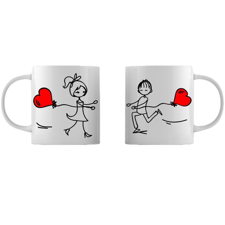 Set 2 cani personalizate pentru cuplu Indragostiti cu inimi, Valentine's Days, Stickers Factory, 330 ml