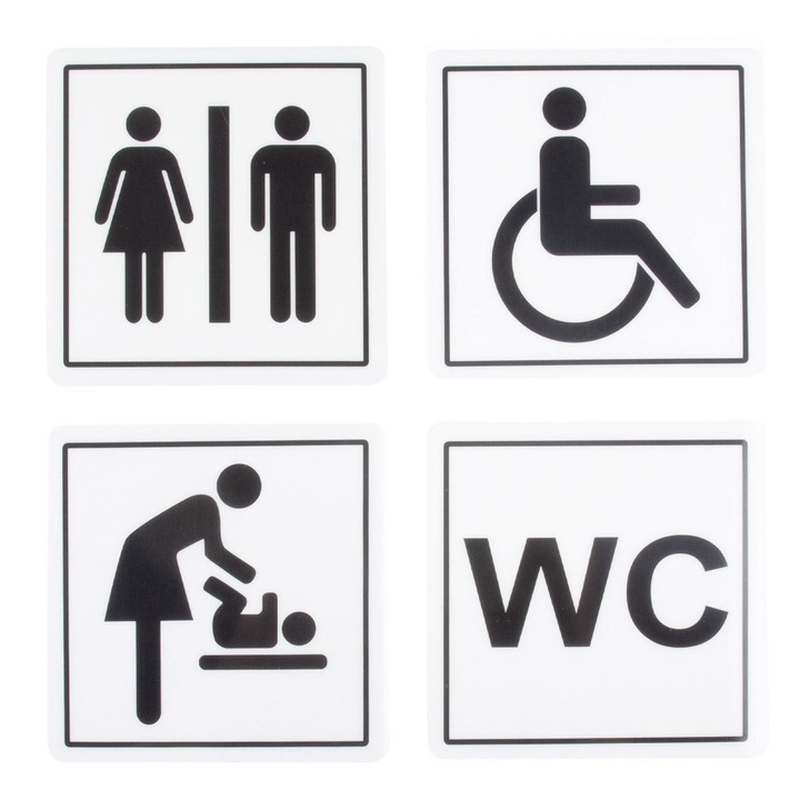 WC jelzés, öntapadós matricák, műanyag, 12x12cm, 4 darab, MYONNA IT & E-COMMERCE ®