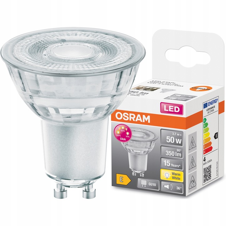LED izzó, Osram, GU10, 4.5W = 50W, 350lm, 2700K, meleg fehér