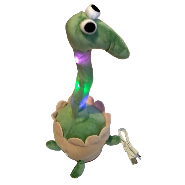 Jucarie interactiva, Cactus Vorbitor Dinozaur, Dansator, Canta, Danseaza, Vorbeste si Inregistreaza, 20 melodii pentru copii, Lumini 32 cm, cu incarcare usb