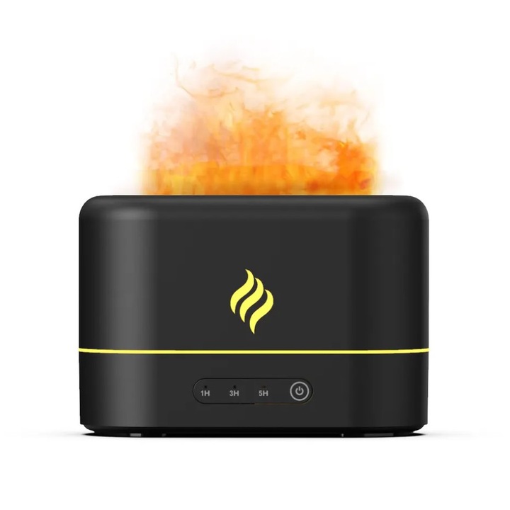 Difuzor aromaterapie si umidificator, cu efect de flacara, lumina ambientala, LED 7 culori, temporizator, USB, 250 ml, Negru