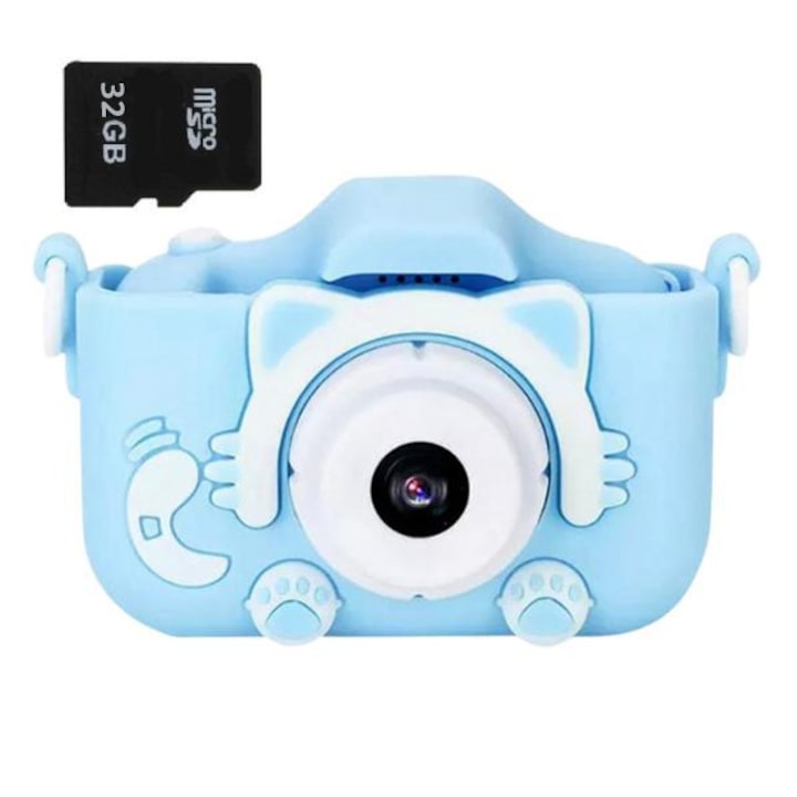 Camera foto copii, SD card 32 GB 1080P HD, 2.0 inch, 12MP, 1920 x 1080, 600 mAh, pisica, albastru pentru baieti si fete 4-8 ani