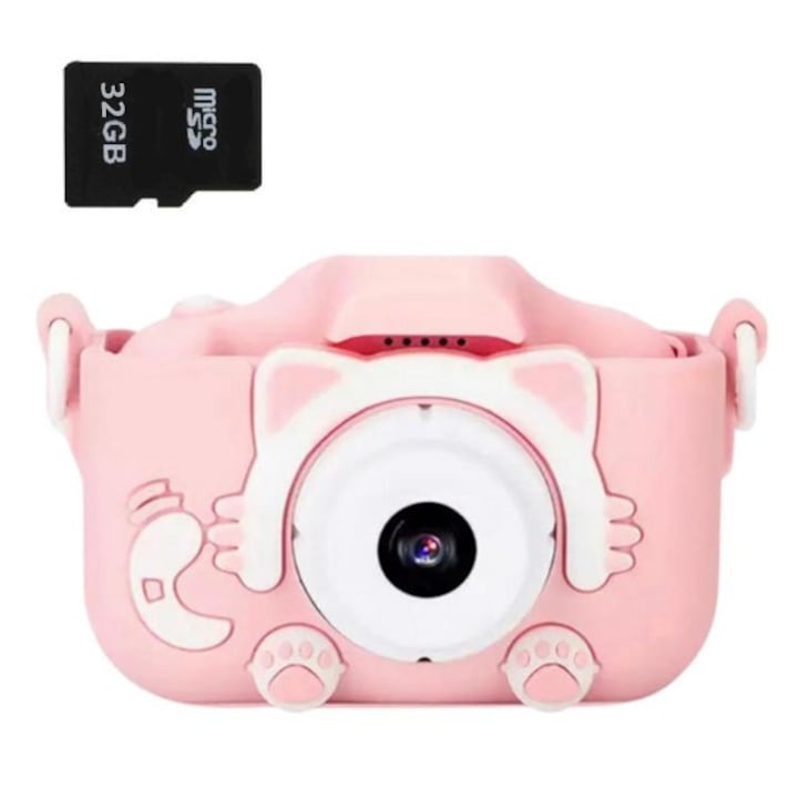 Camera foto copii, SD card 32 GB 1080P HD, 2.0 inch, 12MP, 1920 x 1080, 600 mAh, pisica, roz pentru baieti si fete 4-8 ani, tin asten