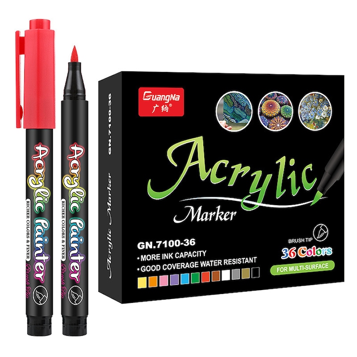 Set 36 markere multicolore, vopsea acrilica, pentru hartie, piatra, sticla, ceramica, lemn, textile, panza