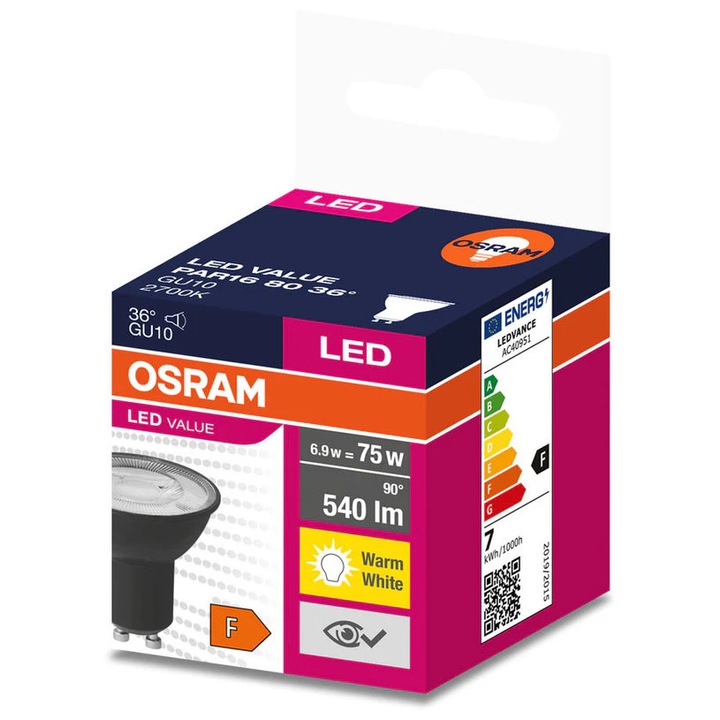 Bec LED Osram, GU10, 6.9W = 80W, 575lm, 2700K, alb cald