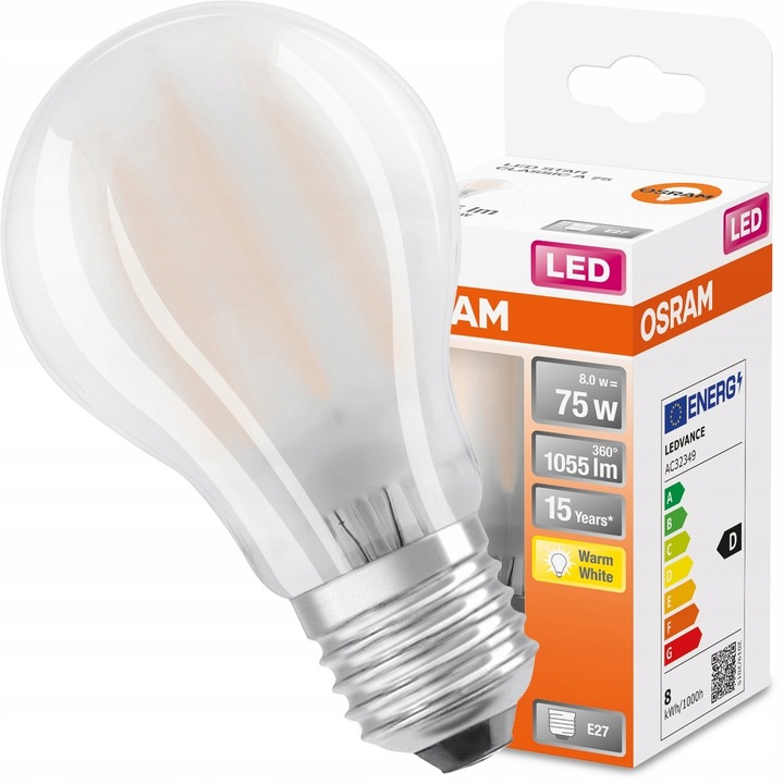 LED izzó, Osram, E27, A60, 8W = 75W, 1055lm, 2700K, meleg fehér