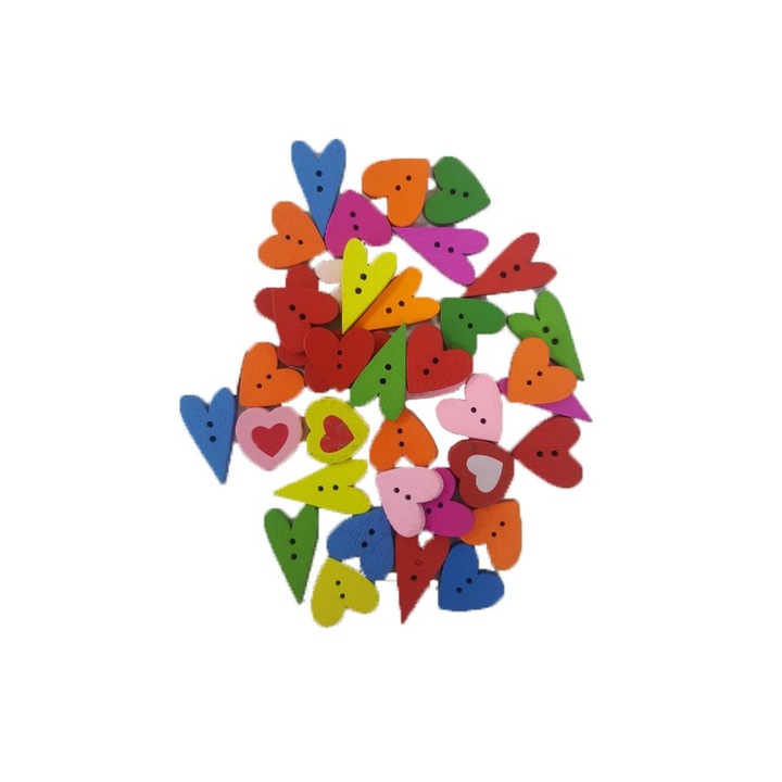 Set accesorii creatie COLORARTE lemn nasturi inima, diverse modele si culori, 20-22gr