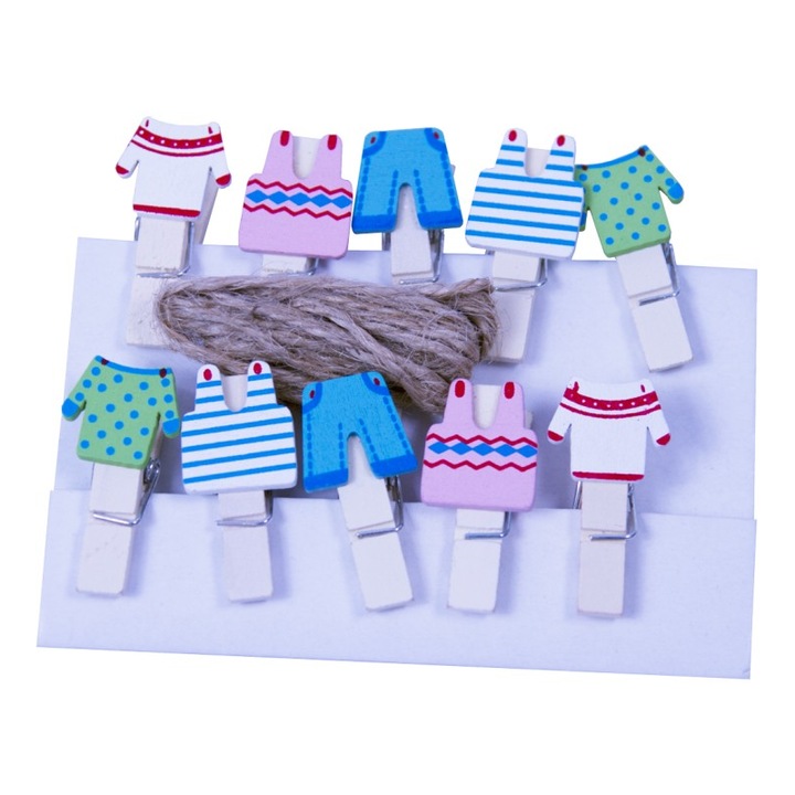 Set 10 accesorii creatie COLORARTE lemn carlig natur 3.5cm, hainute