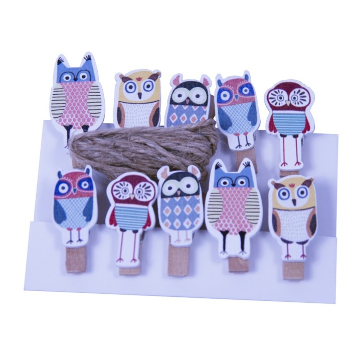 Set 10 accesorii creatie COLORARTE lemn carlig natur 3.5cm, bufnite