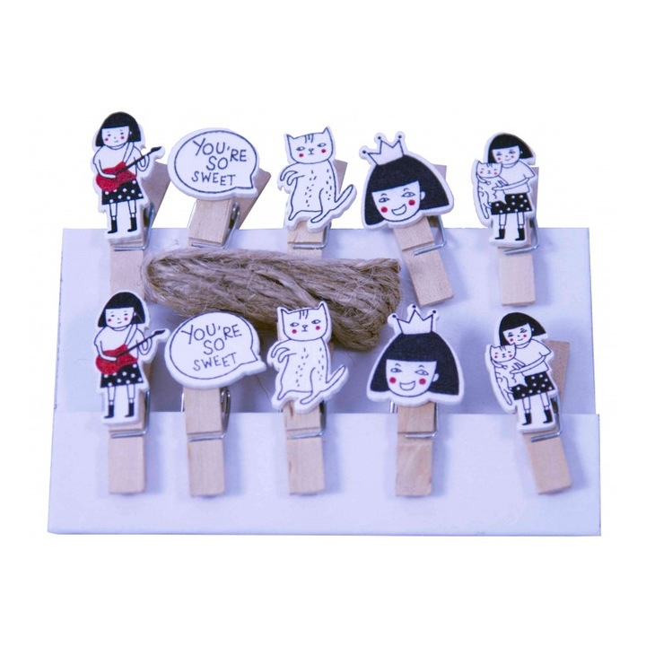 Set 10 accesorii creatie COLORARTE lemn carlig natur 3.5cm, fetita/pisica