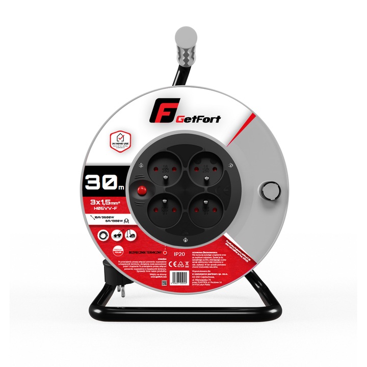 Удължителен кабел с макара, GETFORT, 3680 W, 30 м