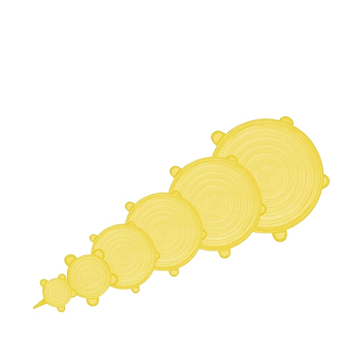 6 db rugalmas szilikon kupak készlet, különböző méretű, többször használható, rugalmas, átlátszó sárga