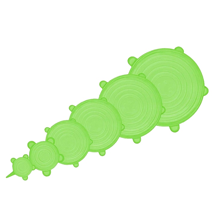 6 db rugalmas szilikon kupak készlet, különböző méretű, többször használható, rugalmas, átlátszó zöld