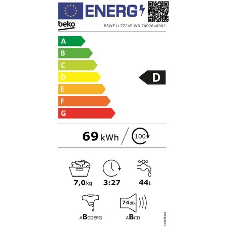 Masina de spalat rufe slim Beko B5WFU77245WB, 7 kg, 1200 RPM, Recycled Tub, Clasa D, Motor ProSmart Inverter, HomeWhiz Bluetooth, AddXtra, Hygiene+ cu SteamCure, Silent Tech, Alb