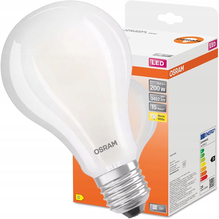 LED крушка, Osram, E27, A60, 24W = 200W, 3452lm, 2700K, Топло бяло