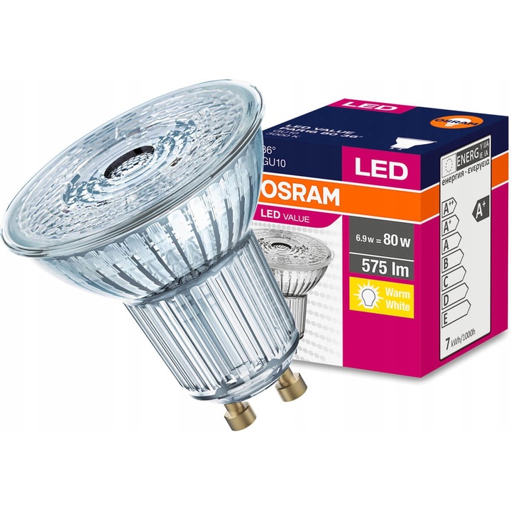 LED крушка Osram, Халогенна, GU10, PAR16, 6.9W = 80W, 575lm, 3000K, Топло бяло