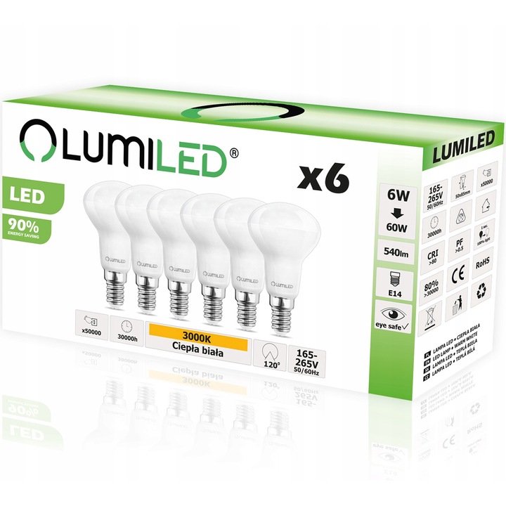 6 db Lumiled izzós készlet, E14, R50, 6W = 60W, 540lm, 3000K, meleg fehér