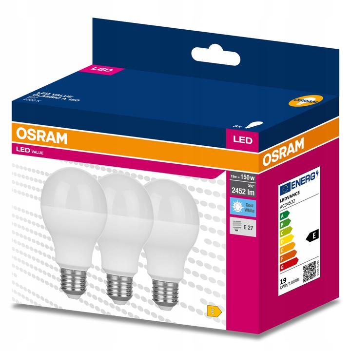 3 db LED izzó készlet, Osram, E27, A60, 19W = 150W, 2452lm, 3000K, semleges fehér